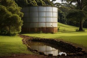 Large metal water tank reflecting in small pond in green field photo