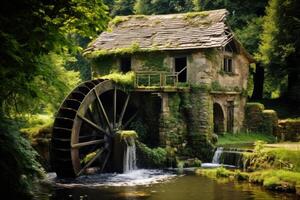 Old watermill generating power in a lush forest setting photo