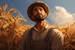 Hopeful farmer looking at sky in wheat field during harvest time photo