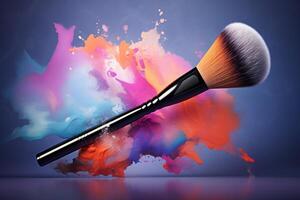 Professional makeup brush creating colorful explosion of pigments on gradient background photo