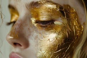 Golden makeup shines on model's face, creating luxurious beauty look photo