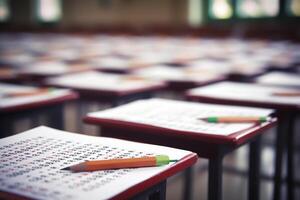 Pencil laying on optical mark recognition test sheet in empty classroom photo