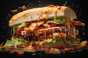 Giant messy chicken sandwich exploding with toppings on dark background photo