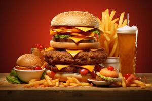 Huge hamburger, french fries and beer dominating a wooden table on a red background photo