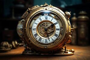 Steampunk clock showing time in a workshop setting with visible gears photo