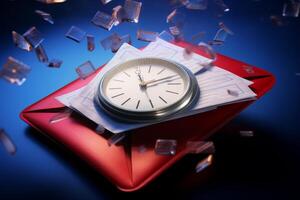 Clock ticking on red envelope with flying shards symbolizing urgency and deadline photo