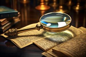 Magnifying glass exploring ancient book in candlelight setting photo