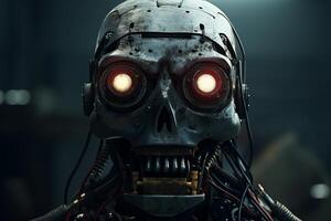 Scary robot skull showing glowing red eyes in futuristic setting photo