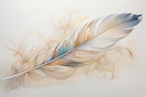 Light blue and brown feather floating on soft abstract background photo