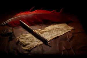 Elegant pen nib lying on old paper with red feather on dark background photo