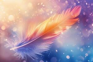 Colorful feather floating on a sparkling background with light leaks photo