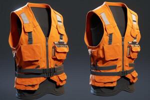 Orange safety vest with reflective stripes and multiple pockets ensuring high visibility and functionality photo