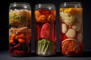 Preserving fresh vegetables, layered colorful vegetables in glass jars displaying culinary art photo