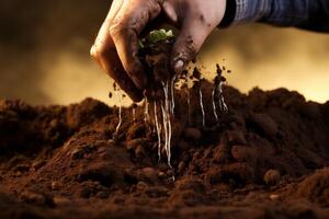 Farmer planting seedling in fertile soil, revealing its roots photo