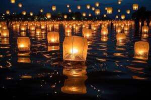 Many floating lanterns are floating in the water photo