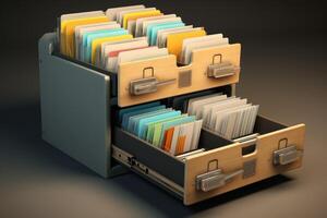Modern filing cabinet storing index cards and documents with open drawer photo