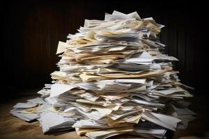 Stack of documents creating administrative burden in dark office photo