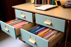 Filing cabinet drawers open showing folders and files in organized office desk photo