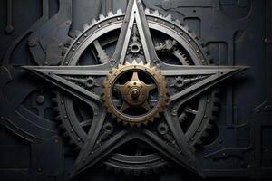 Five pointed star formed by interlocking gears rotating in complex mechanism photo