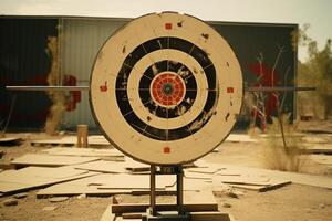 Large target stands in desert proving ground setting with metal rod and scattered debris photo