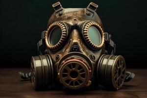 Steampunk gas mask resting on wooden surface photo