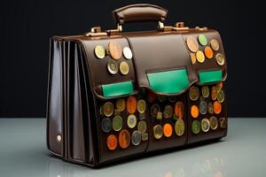 Brown leather briefcase decorated with colorful enamel pins and metal objects photo