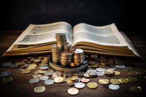 Stacks of coins forming a growing graph on open book symbolizing investment in education photo