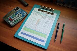 Accountant calculating tax using calculator and charts on clipboard photo