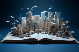 Modern metropolis emerging from open book with paper airplanes soaring above photo