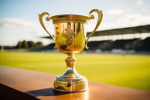 Golden trophy shining on table in front of blurred stadium field photo