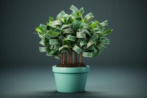Money tree growing in pot represents investment growth and wealth photo