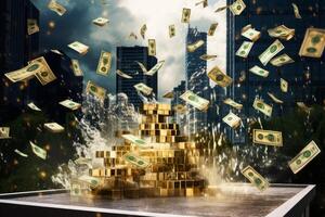 Gold coins stack erupting with dollar bills raining down in urban setting photo