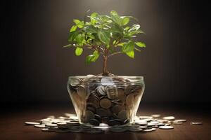 Small tree growing from coins in glass jar symbolizing investment and wealth photo