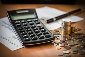 Accountant calculating business expense with calculator and coins photo