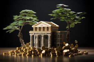 Miniature bank building standing on pile of gold coins with small trees growing on each side photo