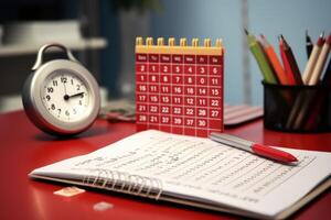 Clock, calendar, pen and notebook showing time management and planning on red desk photo