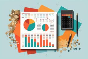 Financial report with charts, calculator and coins illustrating investment analysis photo