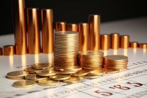 Gold coins stacked on financial documents with charts showing growth photo