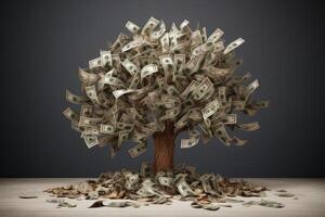 Money tree growing banknotes on branches and falling on the ground photo