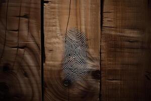 Fingerprint impressed on rustic wooden planks creating intriguing visual contrast photo