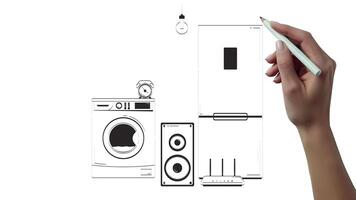 moderno hogar accesorios mano dibujado pizarron bosquejo animación. refrigerador, Lavado máquina, vocero, Wifi, alarma reloj, ligero bulbo animado 2d contorno objetos dibujado a mano 4k lápiz dibujo video