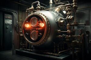 Complex industrial machine with glowing lights and gauges operating in darkened factory photo