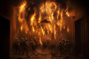 Firefighters running from explosions during training exercise in burning building photo