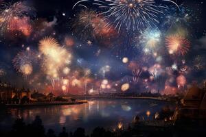 Fireworks exploding over cityscape reflecting in river at night photo
