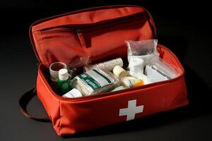 Open first aid kit showing medical supplies for emergencies photo