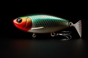 Multicolored fishing lure with treble hooks on black background photo