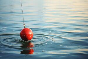 Red buoy floating on calm water surface during sunset photo