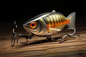 Fishing lure resting on wooden surface with sharp hooks photo