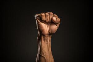 Clenched fist raised in protest symbolizing strength and resistance on dark background photo