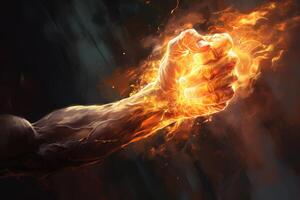 Burning fist expressing strength and power in fiery display photo